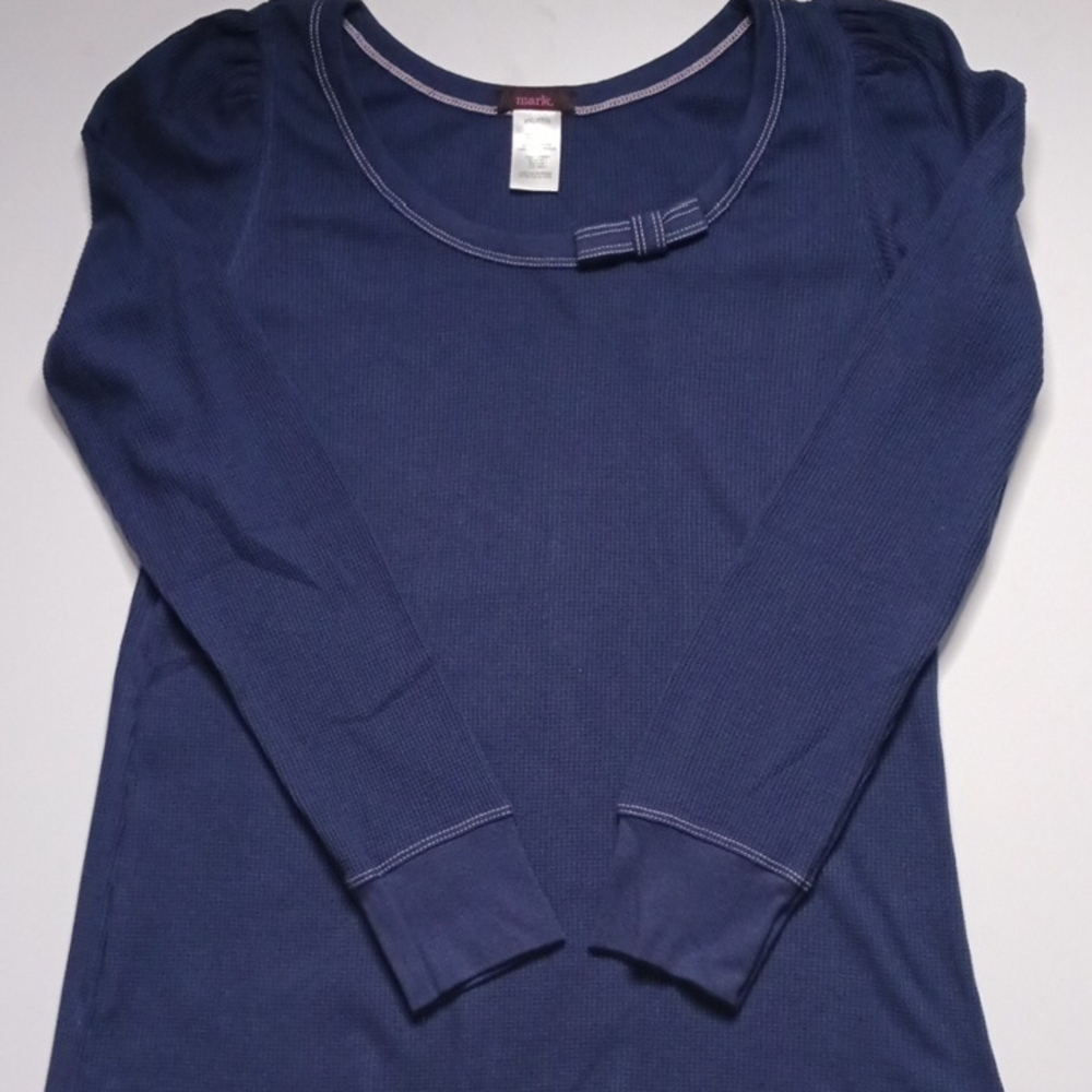 mark. Navy Ribbed Long-Sleeve Top with Bow Trim - Size XXL